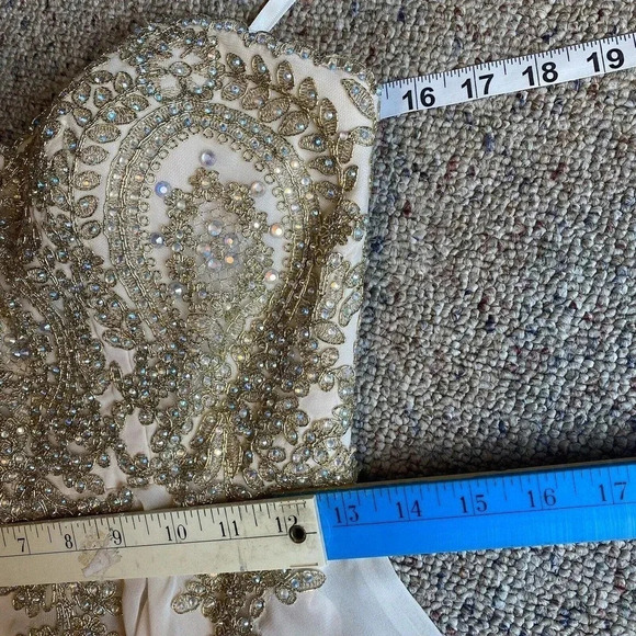 LENOVIA USA PROM DRESS Evening Gown Party Ivory Gold Lace Gemstone Midi Lady S - Picture 3 of 10